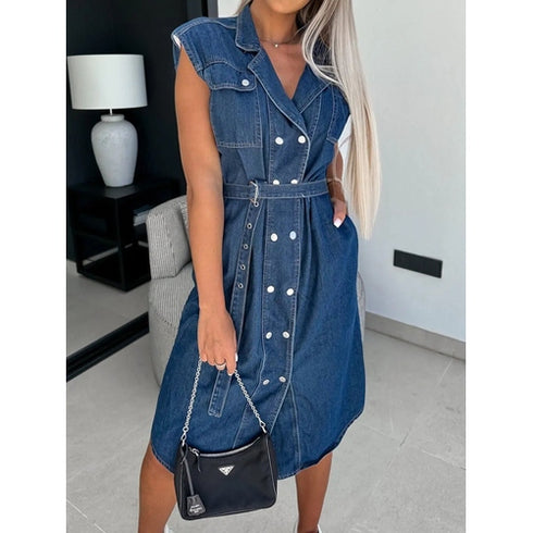 'Elara' Cap Sleeve Denim Dress - Celes Fashion